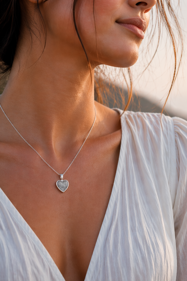 Woman wearing a silver ashes keepsake heart necklace with a scenic background