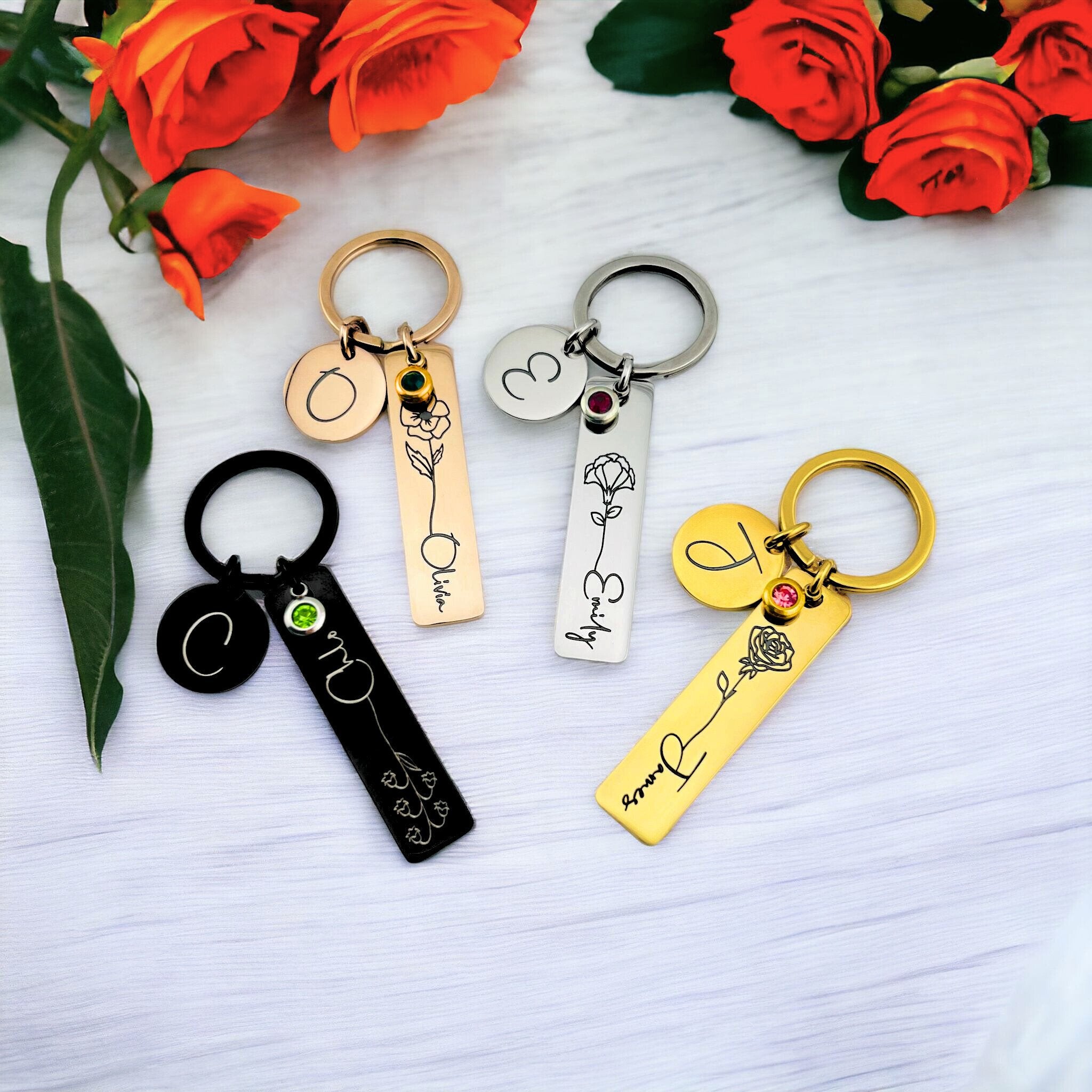 Birth Flower Name Slim Bar Keychain - MemoriesMade