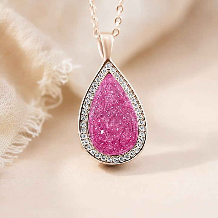 Rose Gold Halo Teardrop Ashes Necklace - MemoriesMade