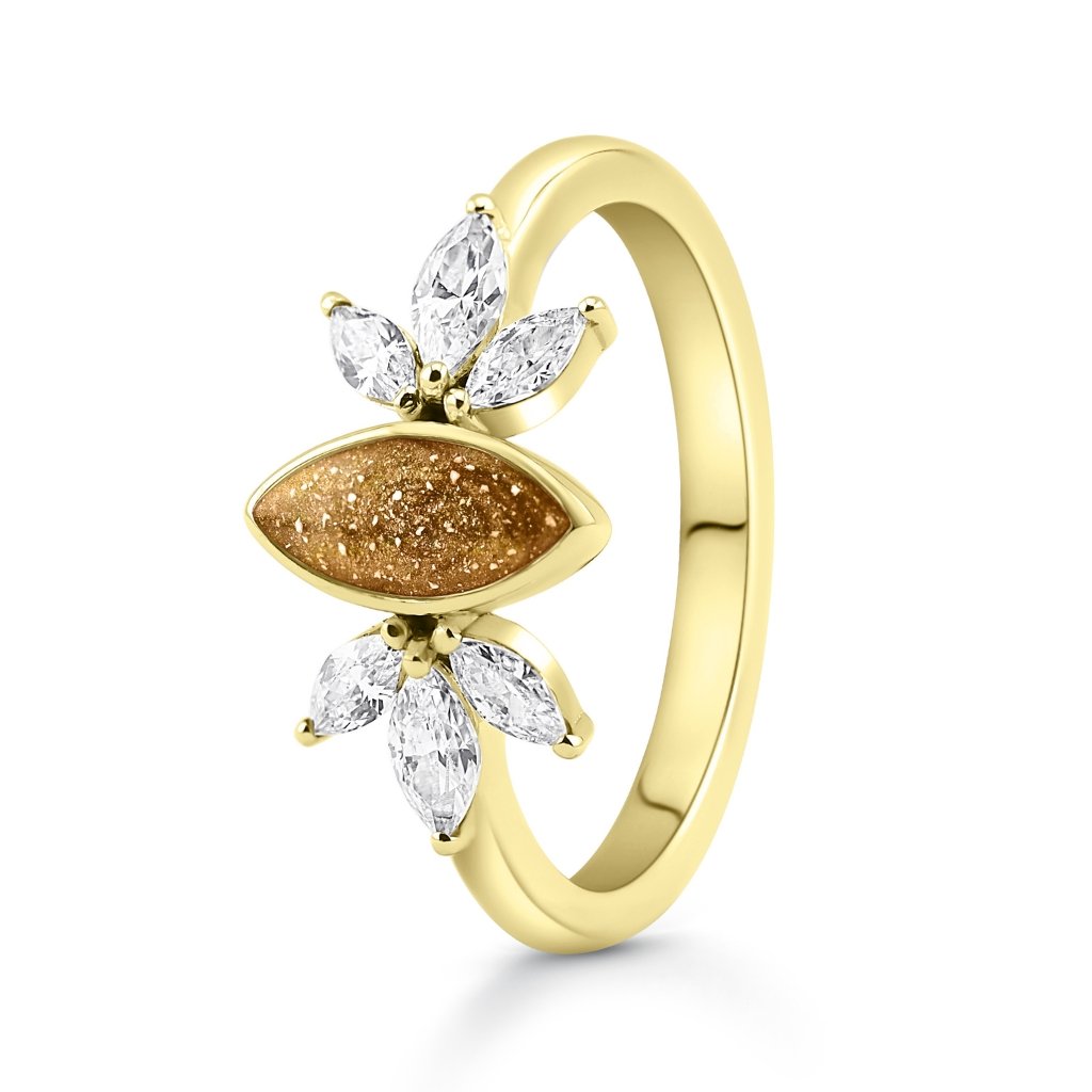 Yellow Gold Blossom Marquise Ashes Ring - MemoriesMade