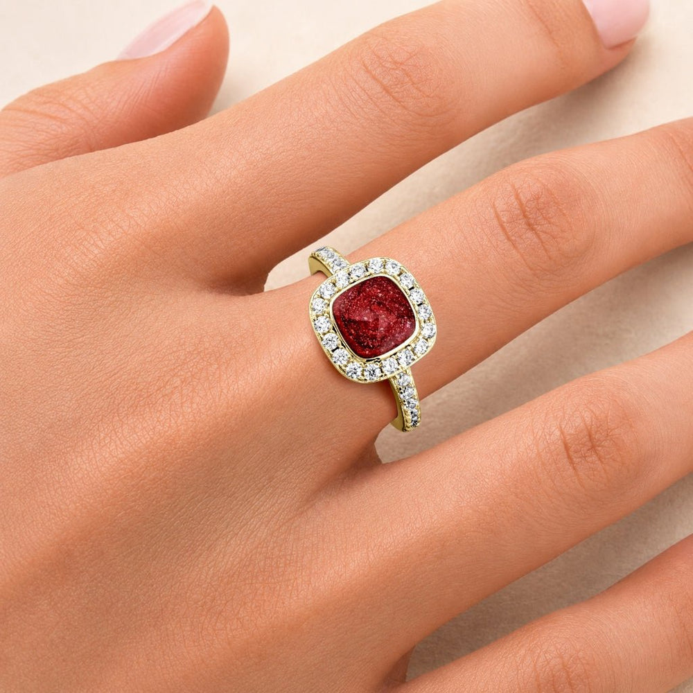 Yellow Gold Halo Cushion Ashes Ring - MemoriesMade