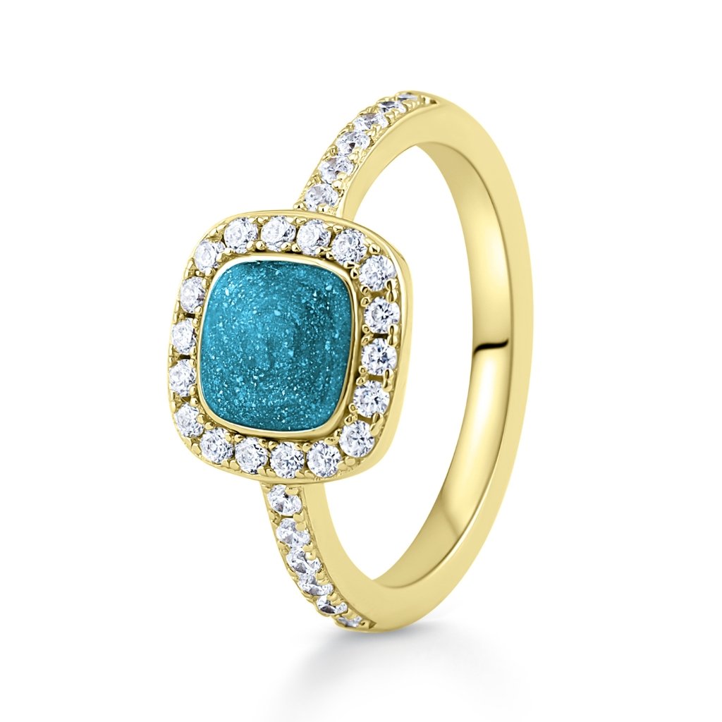 Yellow Gold Halo Cushion Ashes Ring - MemoriesMade