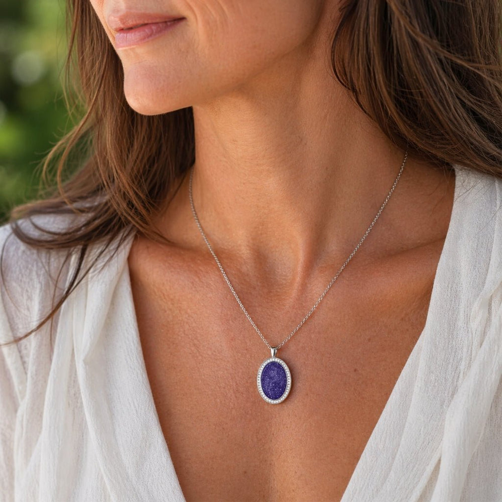 Yellow Gold Halo Oval Ashes Necklace - MemoriesMade