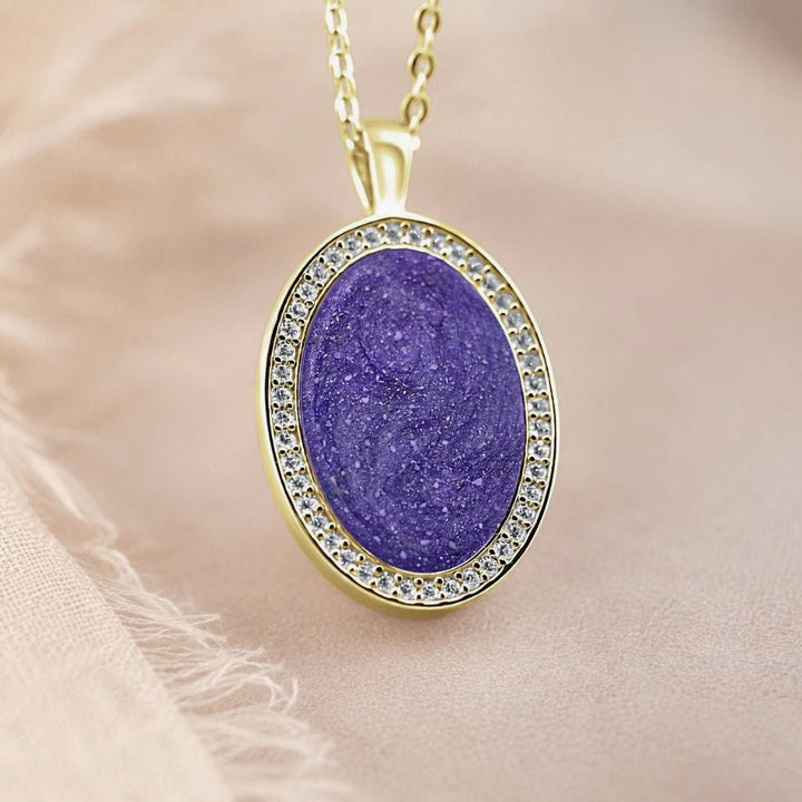 Yellow Gold Halo Oval Ashes Necklace - MemoriesMade
