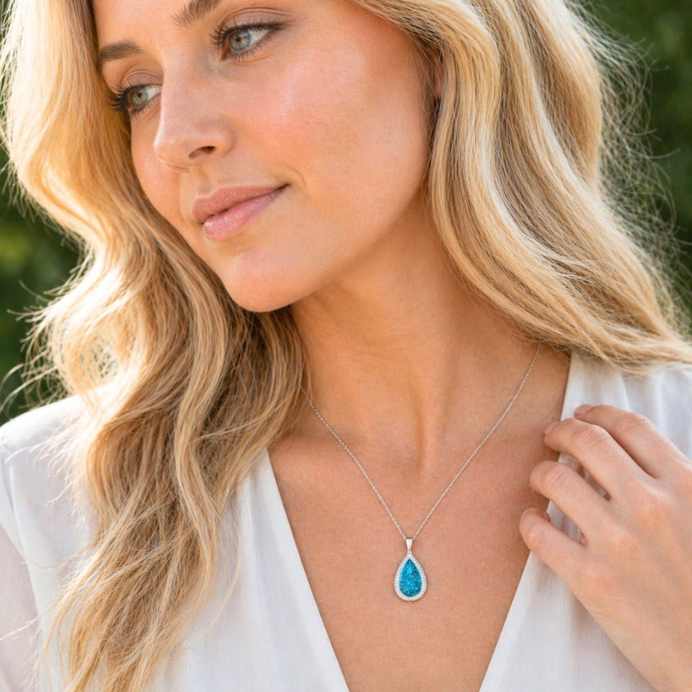 Yellow Gold Halo Teardrop Ashes Necklace - MemoriesMade